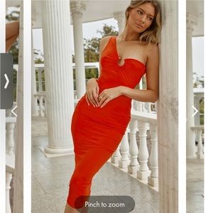 ONE SHOULDER BODYCON MIDI DRESS ORANGE
